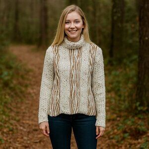 Pandemonium Women L Wool Blend Gold Metallic Abstract Long Sleeve Sweater Preppy